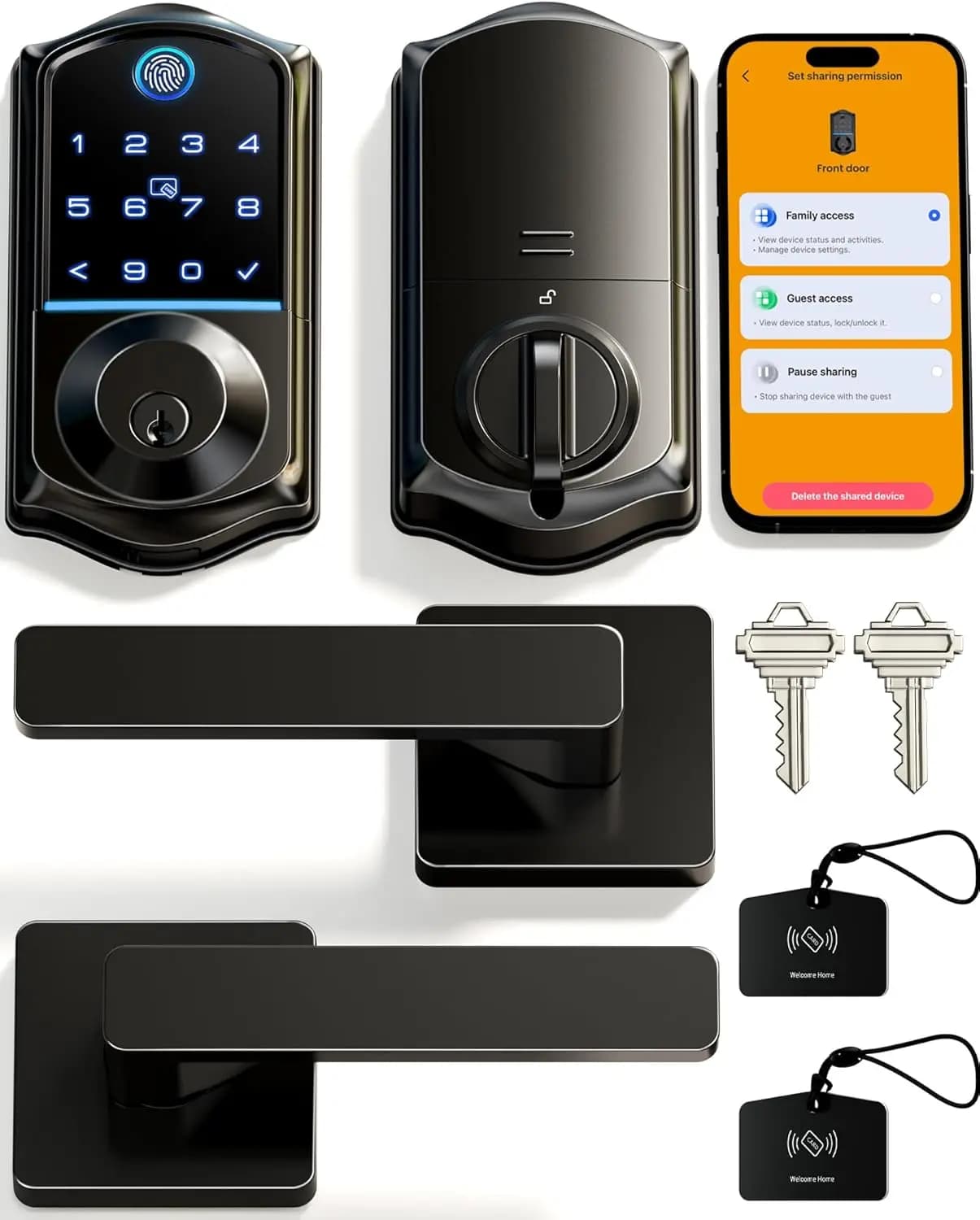 Serratura Intelligente con Impronta Digitale per Porta d'Ingresso, Controllo tramite App, Ingresso Senza Chiave con Blocco Automatico e Alimentazione di Emergenza, Nera