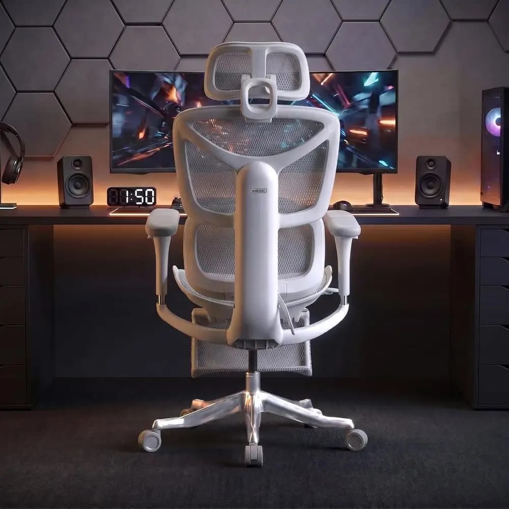 Sedia da Ufficio Ergonomica in Rete con Poggiapiedi, Braccioli Regolabili, Supporto Lombare, Reclinabile per Casa e Gaming, Grigio-Bianco