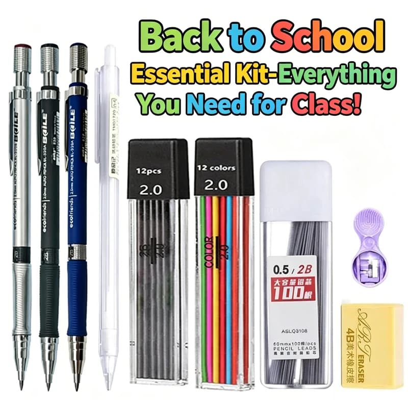 2-9PCS Mechanical Pencil Set 2.0 mm with Black/Colors Lead Refill For Writing Sketching Drawing Painting School Automatic Pencil