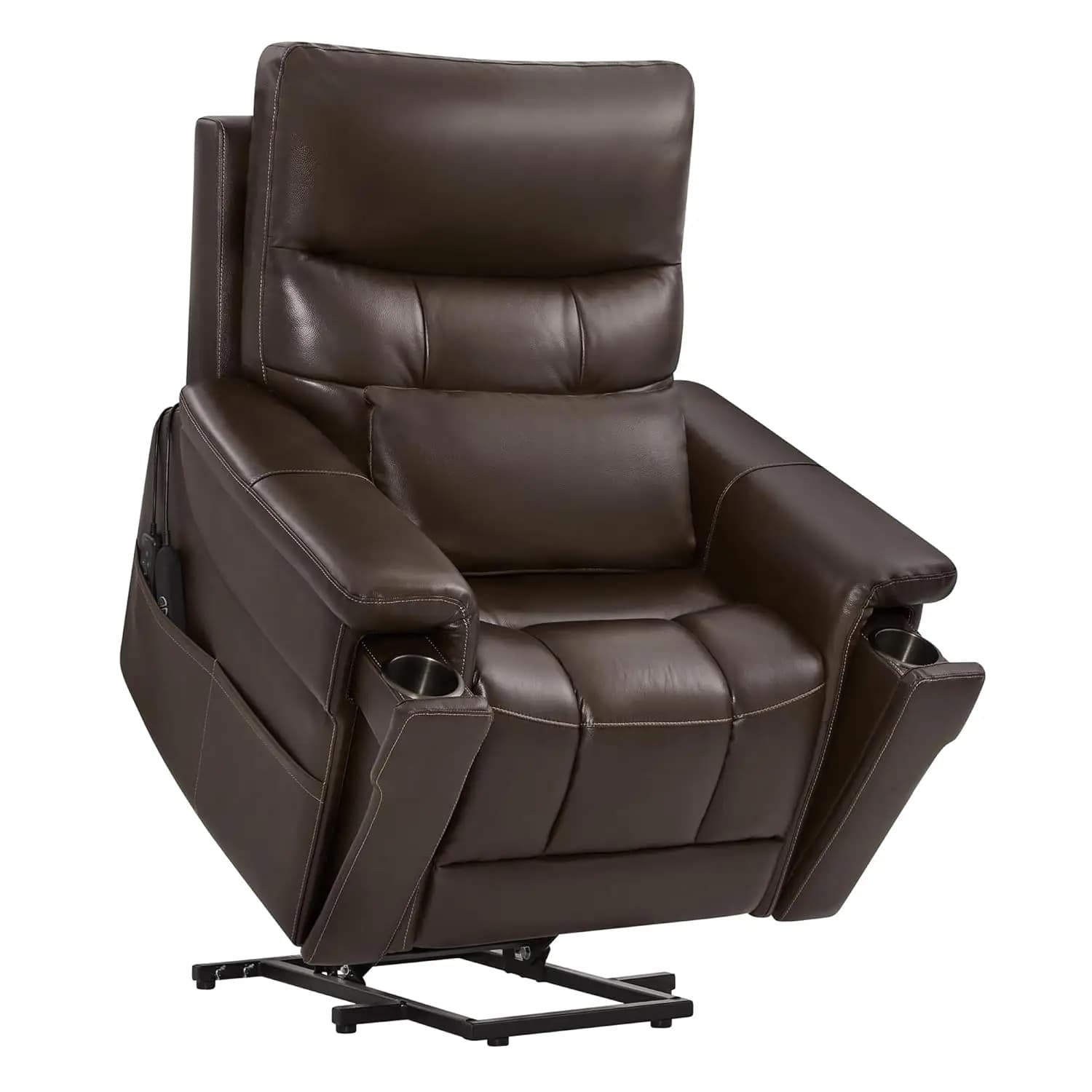 Poltrona Reclinabile Elettrica per Anziani con Massaggio Termico, Portabicchieri, Cuscino Lombare, Tasca Laterale, in Pelle Marrone, Personalizzabile