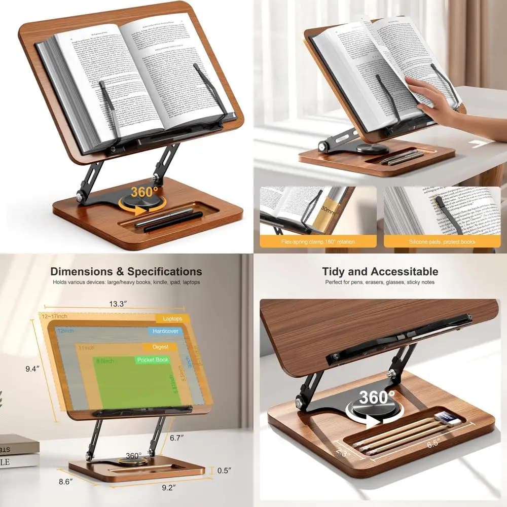 360 ° Supporto Girevole per Libri, Altezza e Angolazione Regolabili, Multiuso per Libri, Laptop, Tablet e Altro