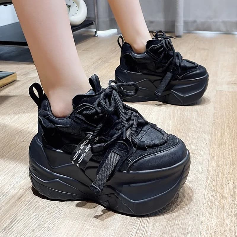 2026 Leather Shoes for Women Lace Up Womens Vulcanize Shoes Spring Round Toe Solid Breathable Comfortable Casual Chunky Sneakers