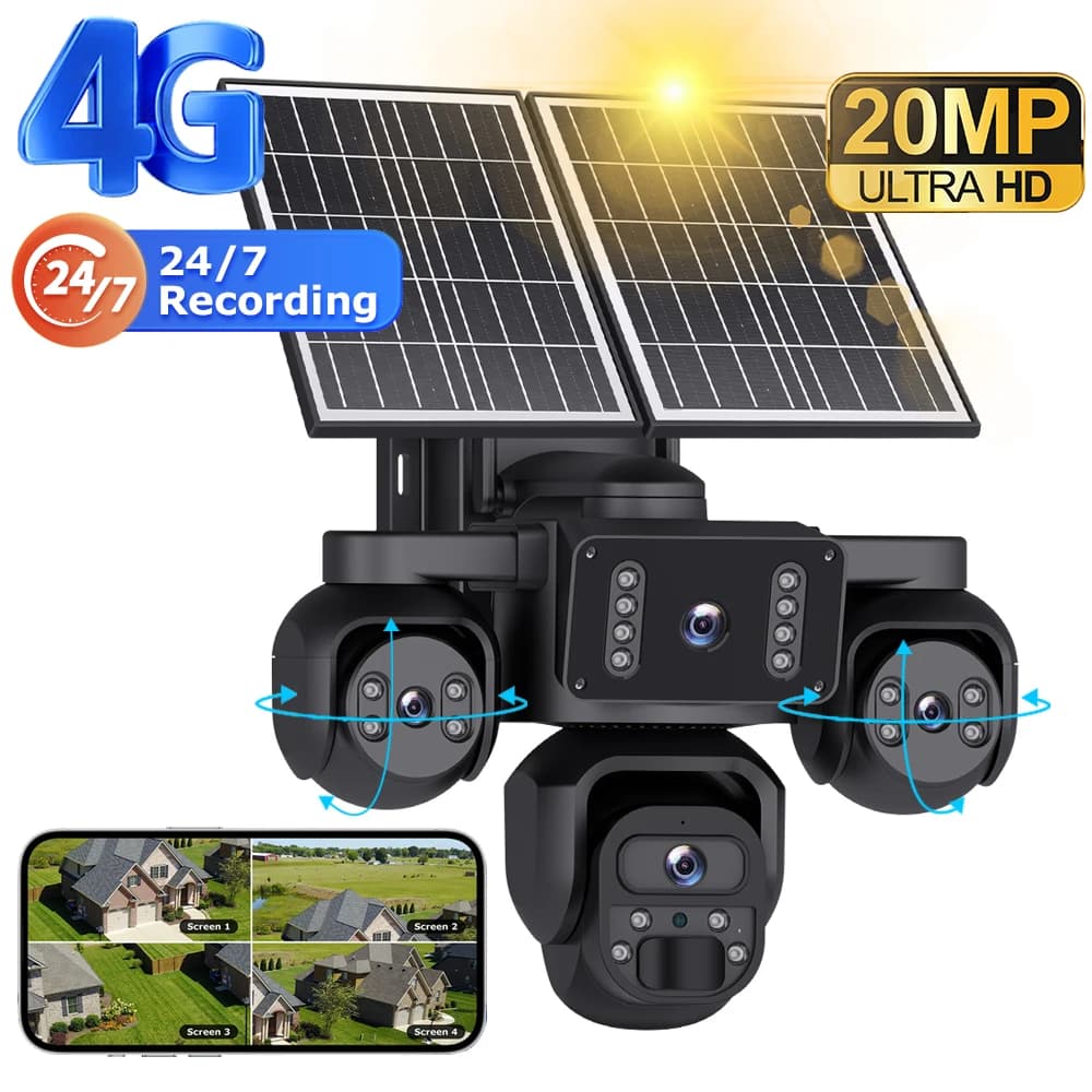 Solar Security Camera OKAM PRO APP AOV 24/7 Online with 4 External lenses 360° ° CCTV Camera with Panoramic View, 20100mAh Battery, Night Vision