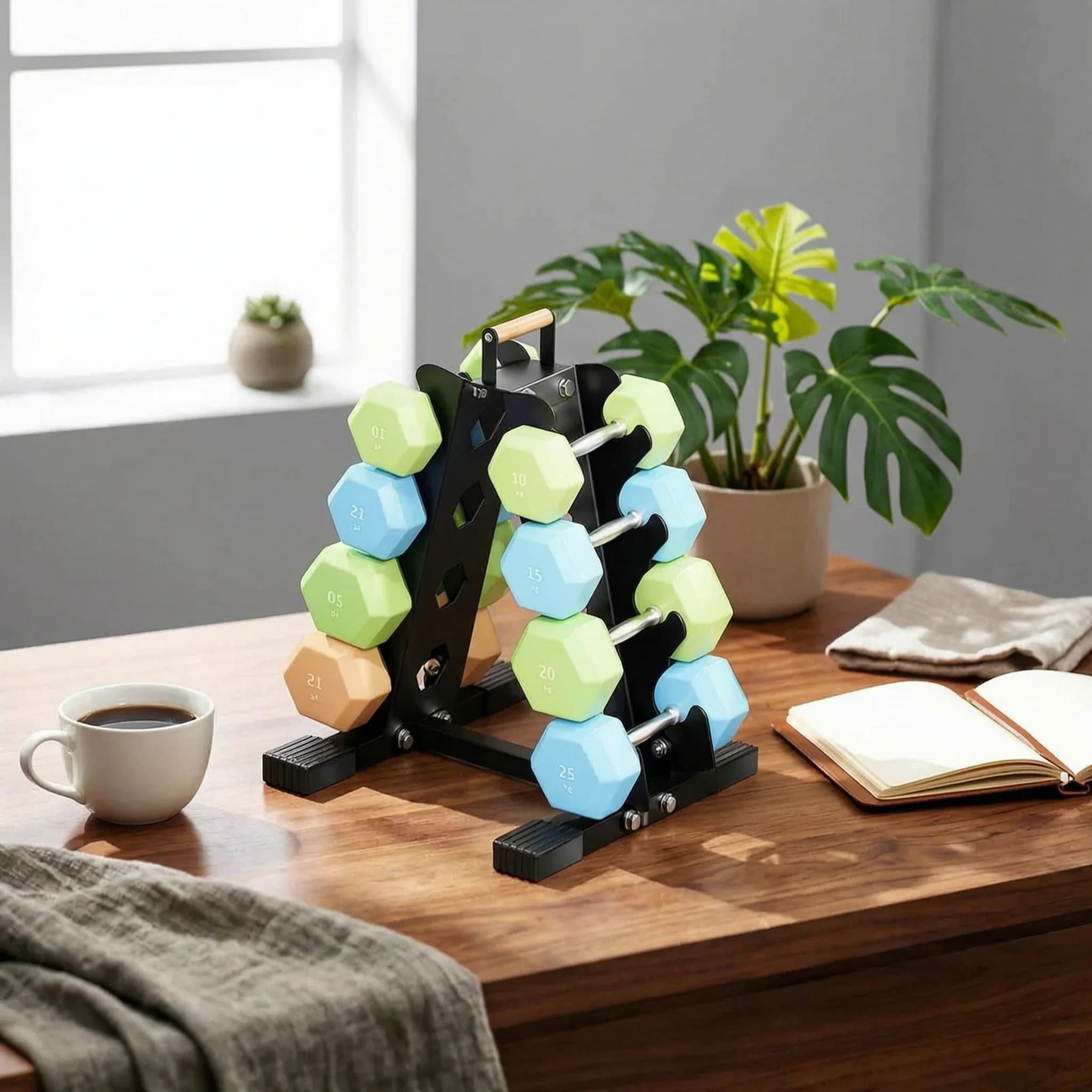 4-Tier Dumbbell Rack Wooden Handle Four-Tier Dumbbell Rack Fitness Storage Angled Hooks Compact for Home Gym