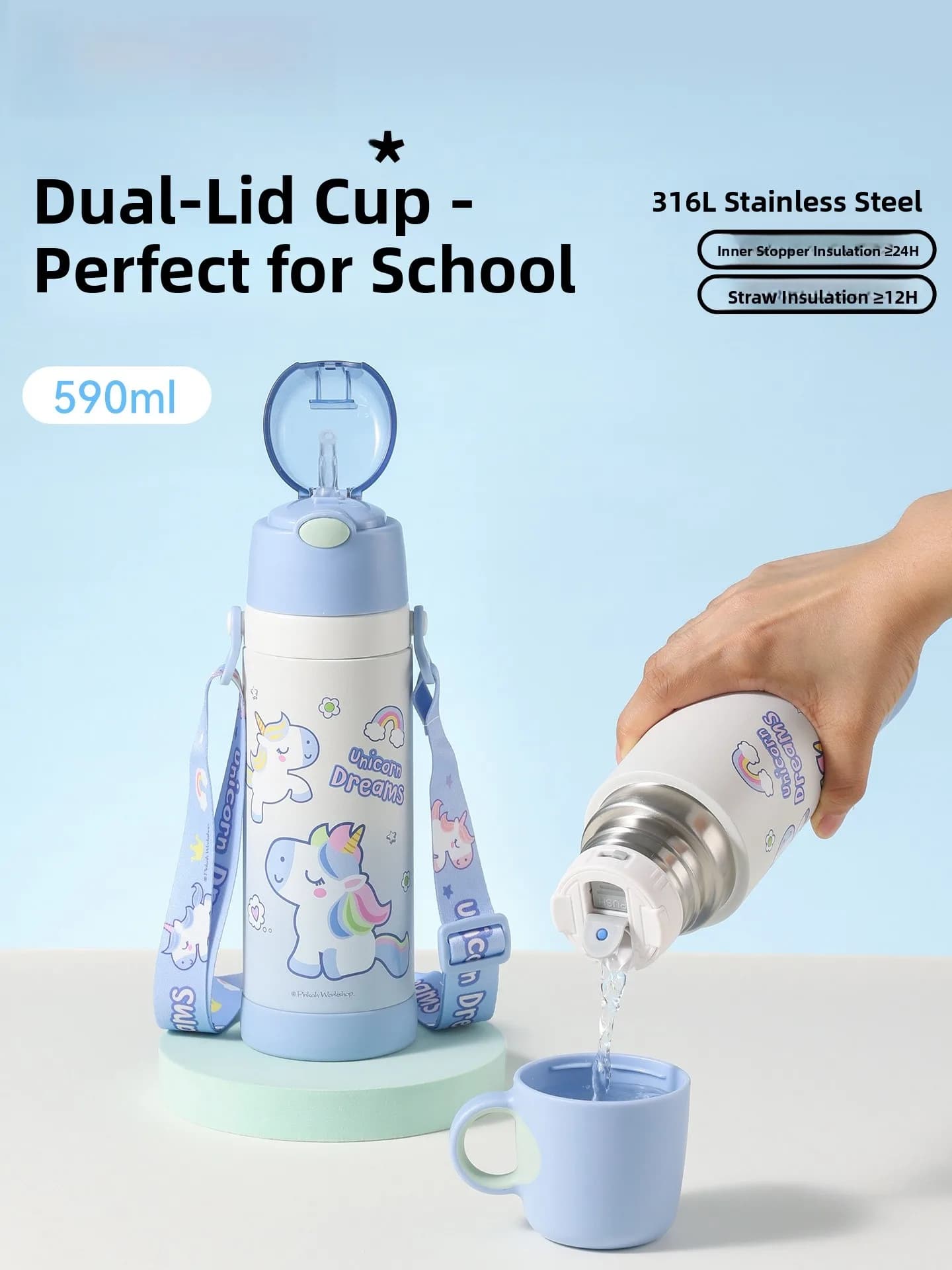 Borraccia Termica Pinkah per Bambini 2025 Nuovo Modello, Comoda Bottiglia d'Acqua per Studenti, Uso Scolastico, Alto Valore Estetico