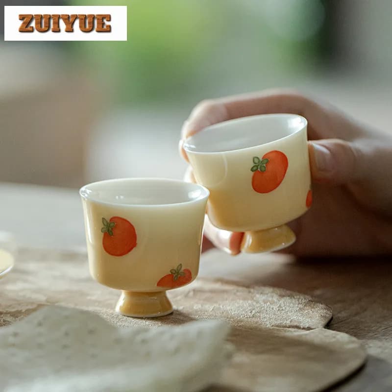 2pc/lot Hand-painted Persimmon Apricot Ceramic Teacup Handmade Tea Bowl Single Cups Meditation Cup Chazhan Tea Ceremony 35ml