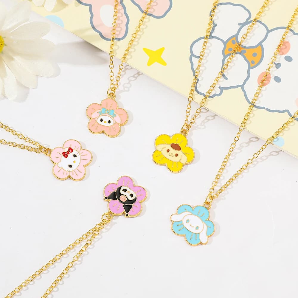 Creative Cute Flower Modeling Necklace Hello Kitty Kuromi Melody Cinnamoroll Cartoon Figure Pendant Jewelry for Women And Girls