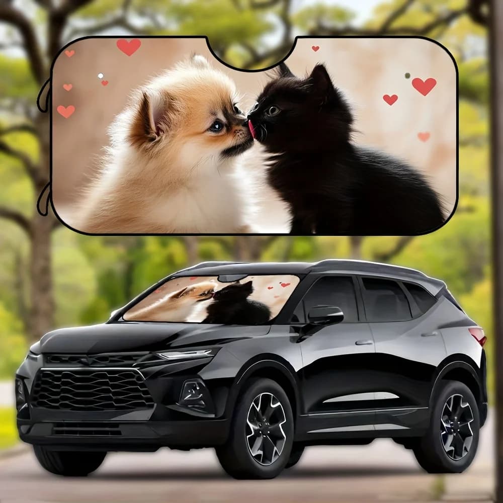 Parabrezza per auto da cartone animato dolce Pomerania e gattino nero da 1 pezzo - Pieghevole, in poliestere, perfetto per avventure di fondo,