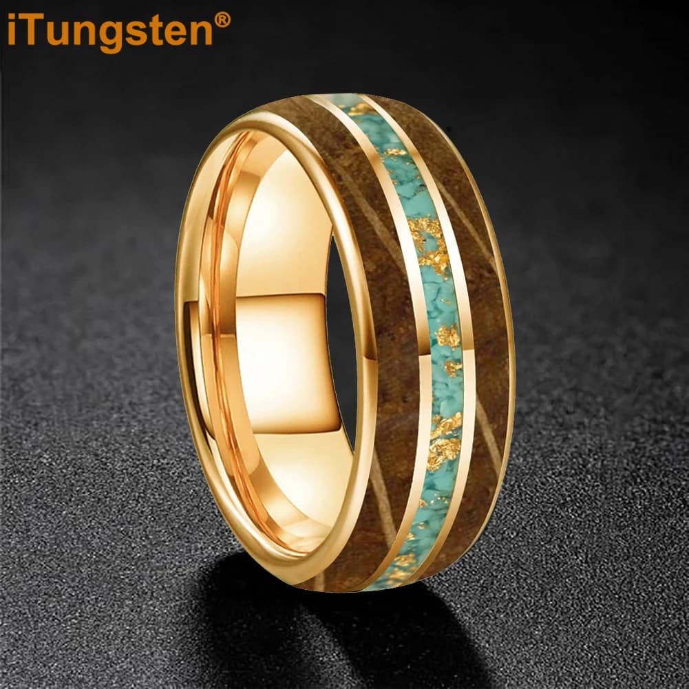 iTungsten 8mm - Unisex Tungsten Carbide ring Men’s Women’s Wedding Bands With Whiskey Wood And Turquoise Gold Foil Inlay