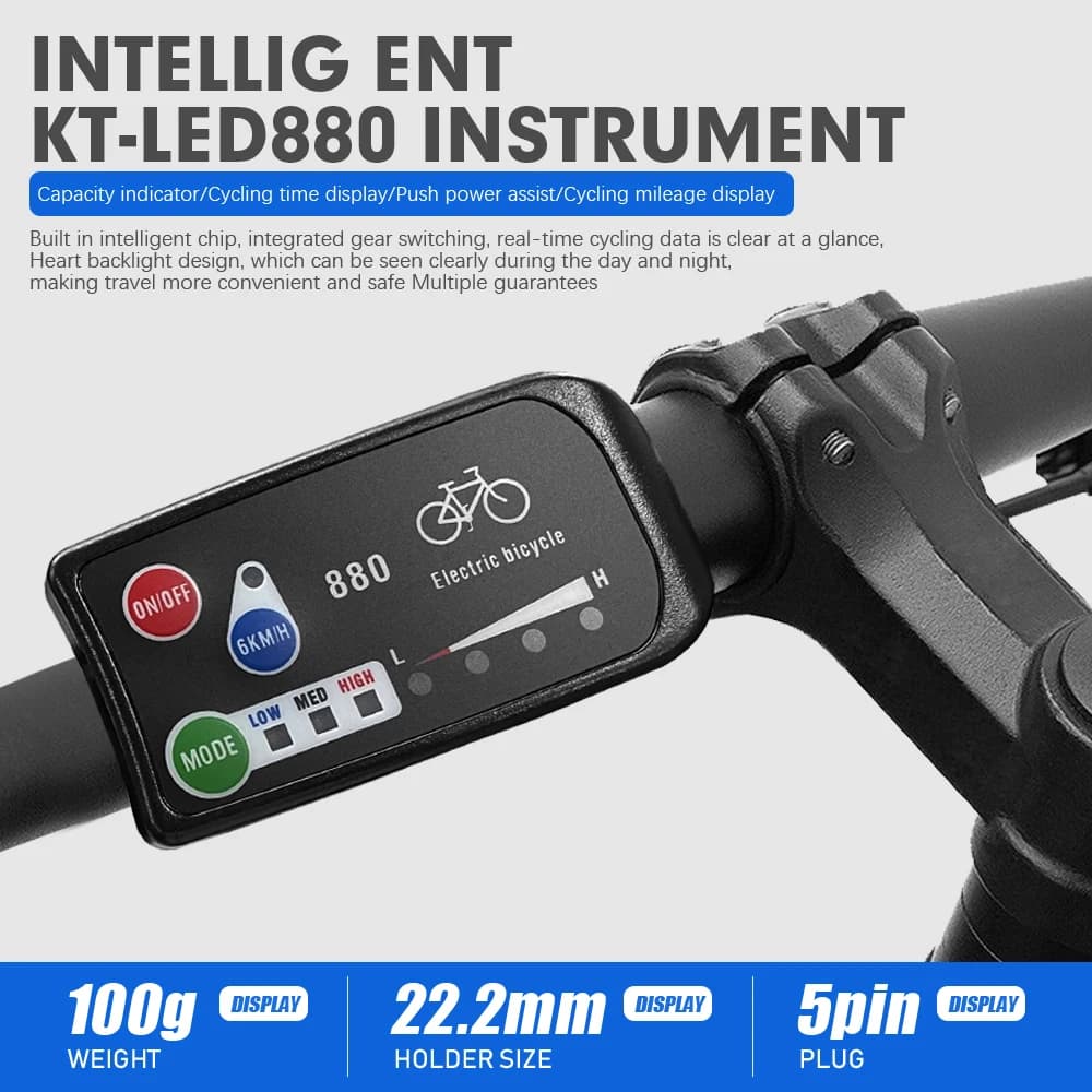 Display per E-bike KT LED880 24V 36V 48V 5 Pin Impermeabile e con Connettore Standard, Componenti per Kit di Conversione Bici Elettrica per Kit Controller KT