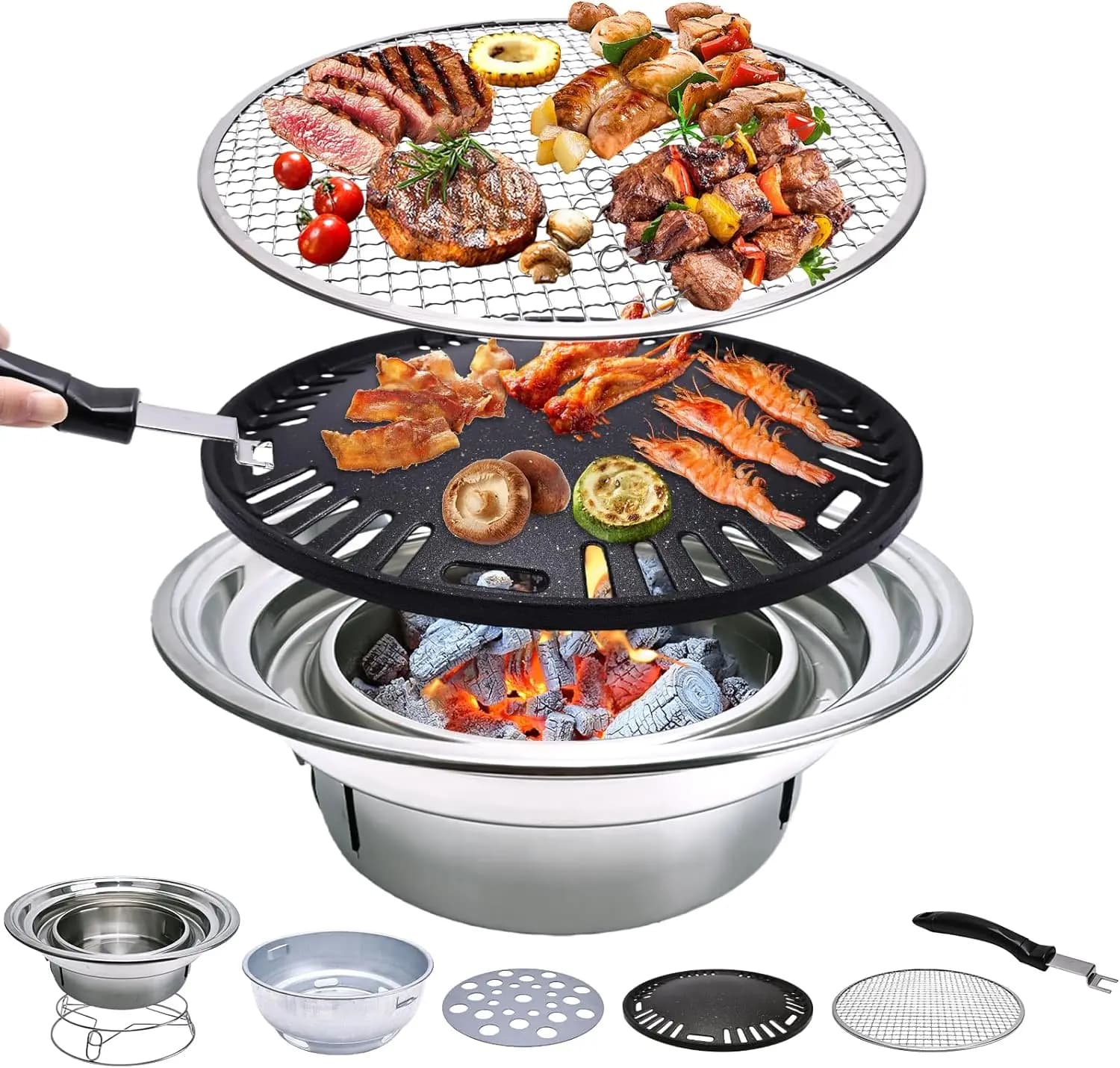 Griglia BBQ Multifunzionale a Carbone, Barbecue Coreano, Fornello Portatile da Campeggio, Affumicatore da Tavolo