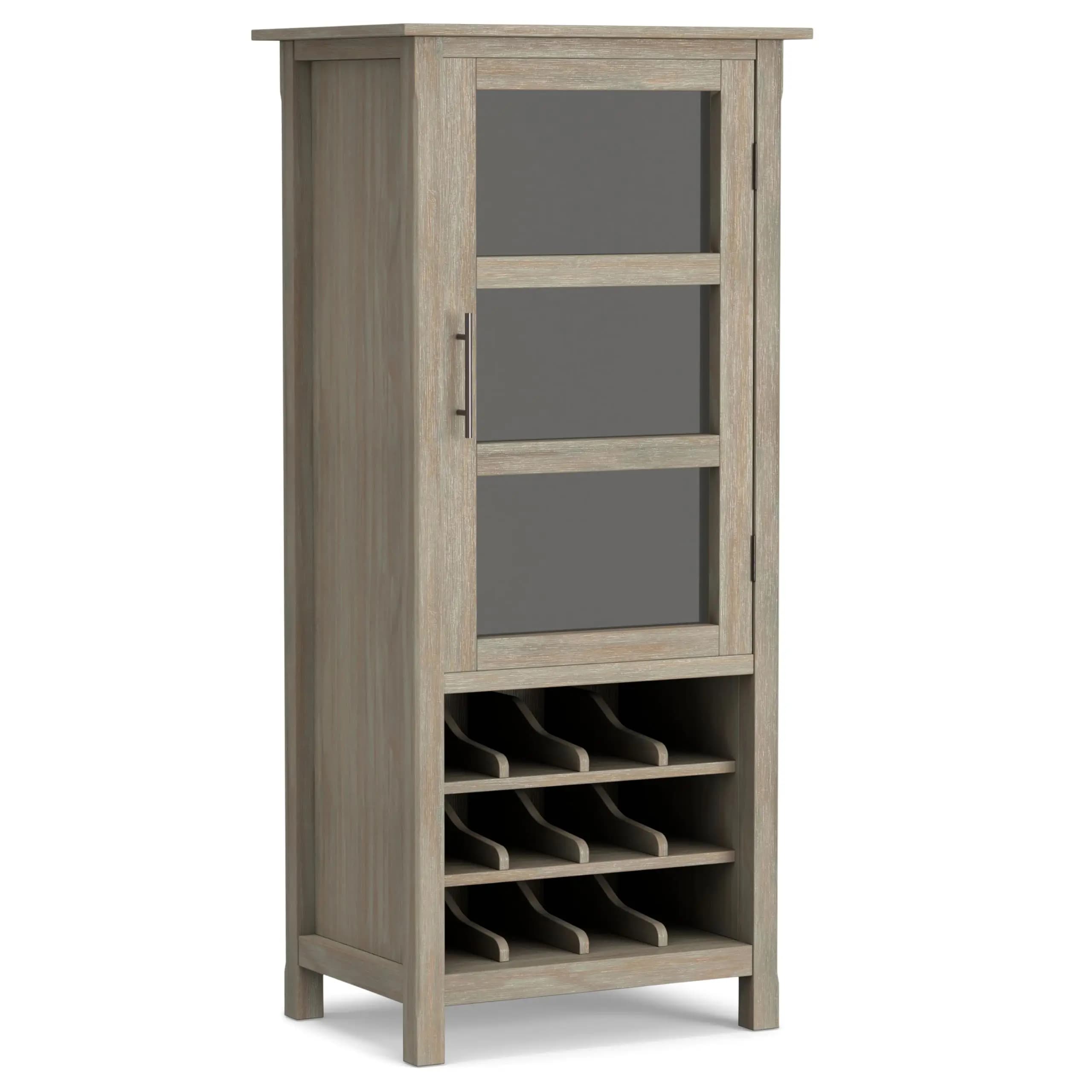 Distressed Grey Solid Wood 23 Inch Tall Wine Cabinet With Frosted Glass Door And 12-Bottle Rack For Living Dining Kitchen