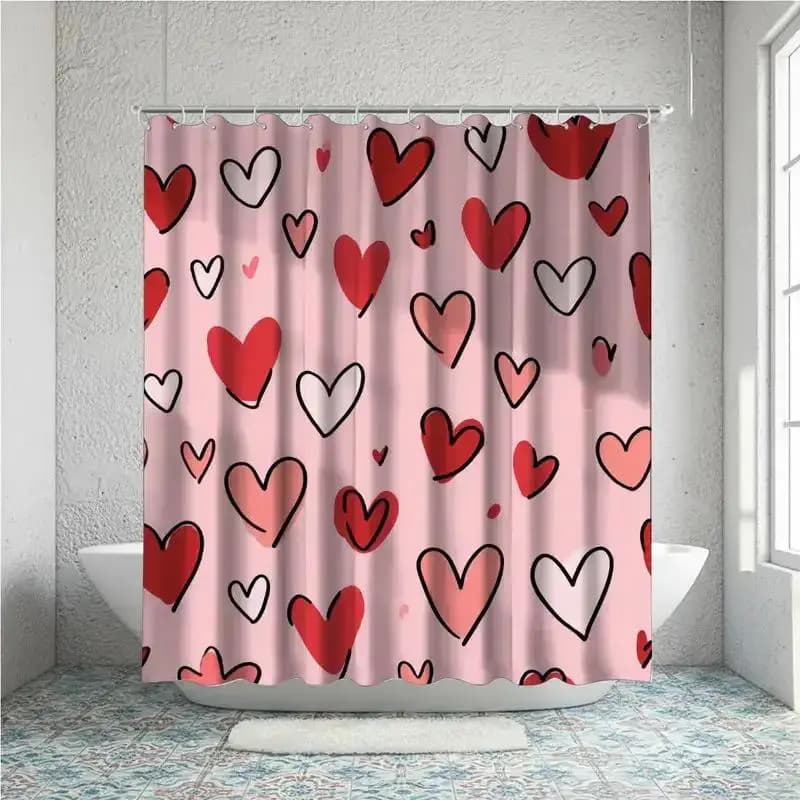 1 tenda da doccia rosa dolce con motivo a cuore, realizzata in tessuto di poliestere, lavabile in lavatrice, adatta per la decorazione del bagno.