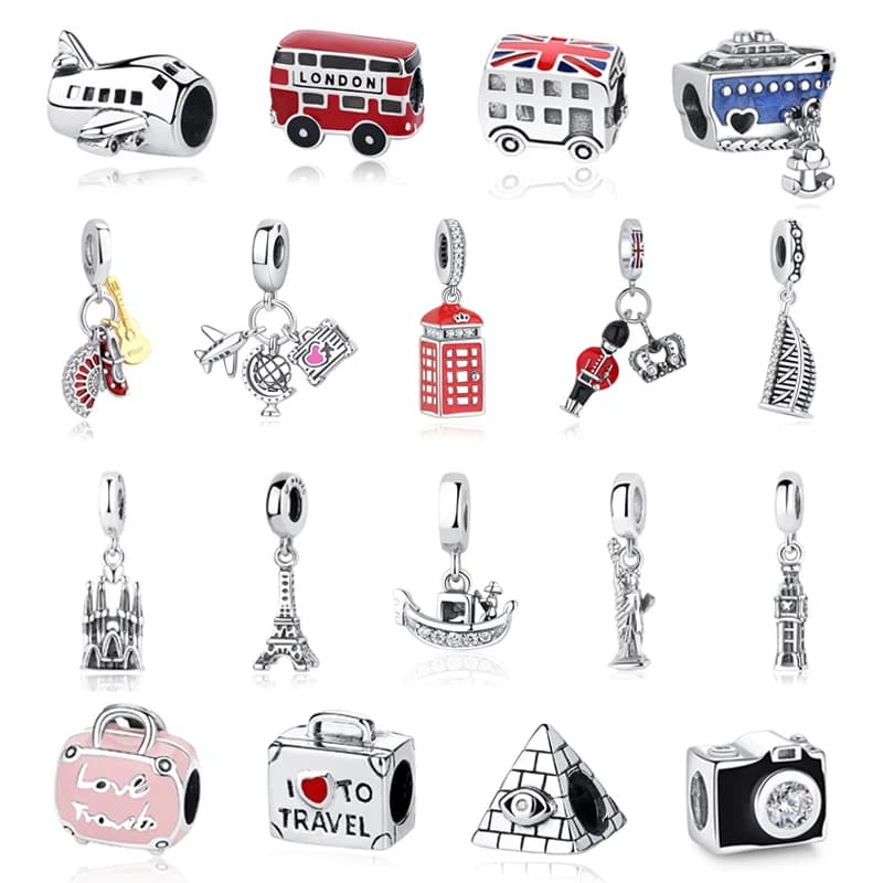 Ciondoli originali in argento sterling 925 Love Travel London Bus Valigia Parigi Perline adatte braccialetti di marca Collane Gioielli fai da te da donna