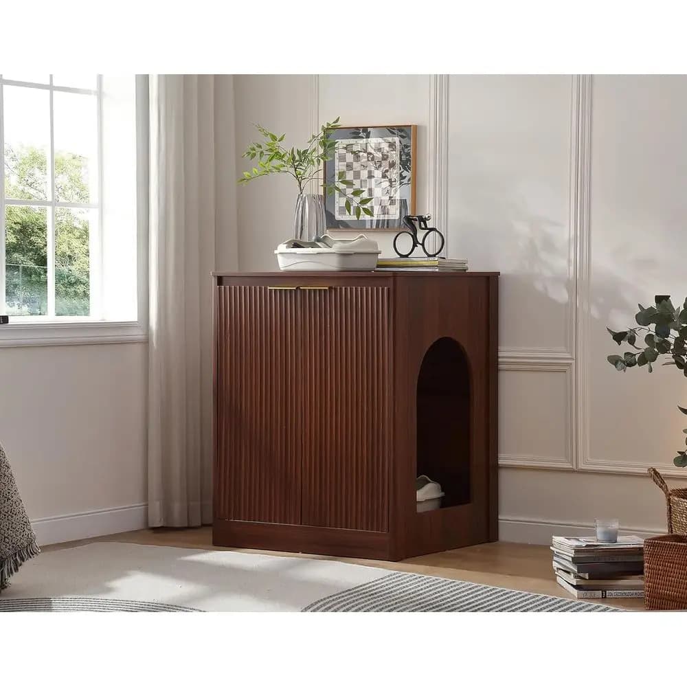 Large Cat Litter Box Cabinet with Latching Door, Enclosed Litter Box, Self-Cleaning Options, Power Outlet, Walnut Finish