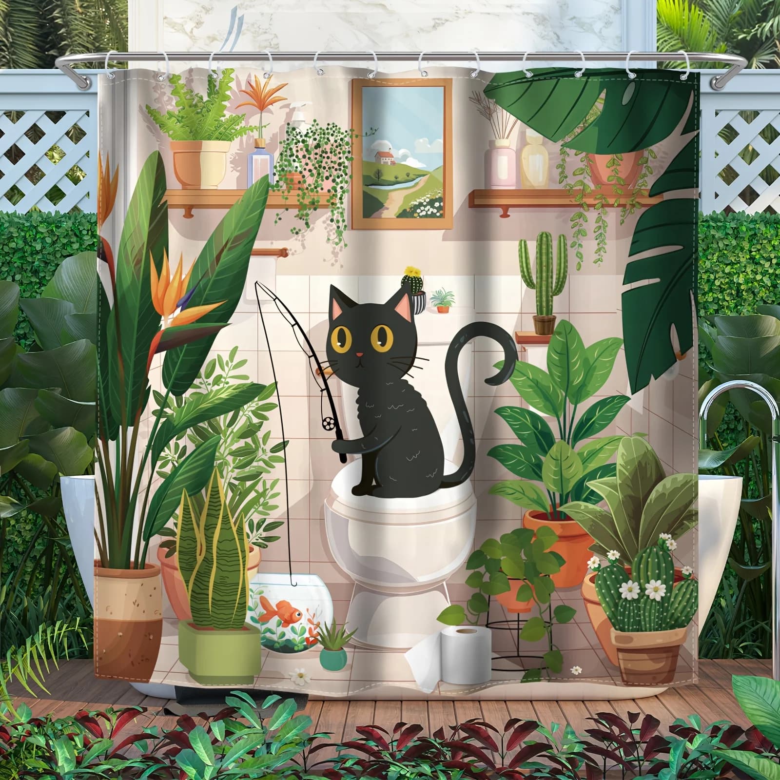 Affascinante tenda da doccia con stampa Black Cat Among Plants - Morbida microfibra per viaggi, piscina e spa - Regalo ideale per gli amanti dei gatti