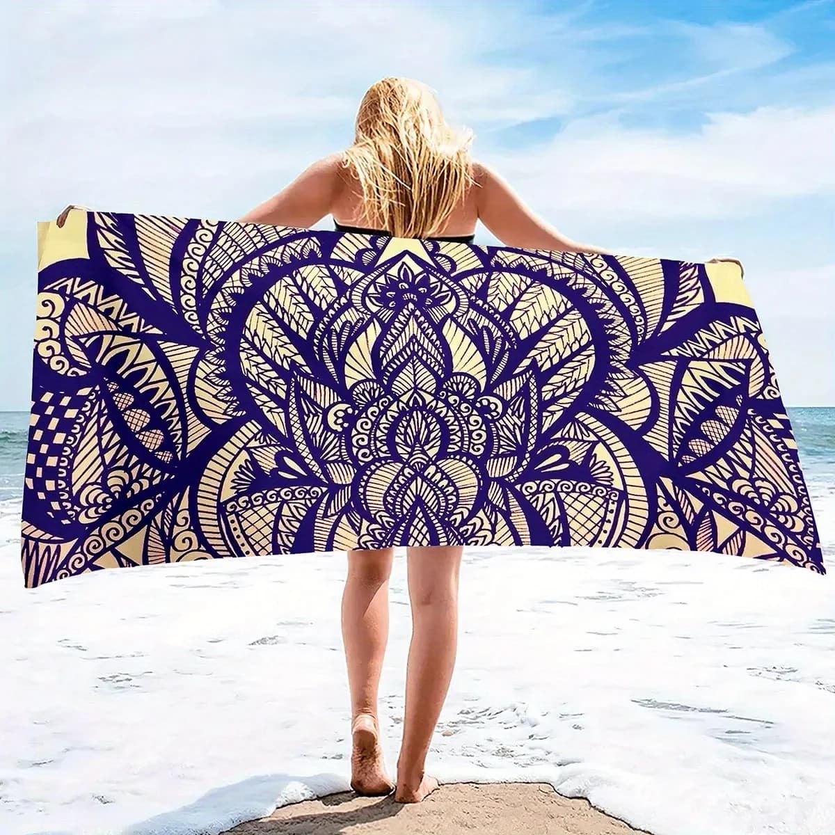 Telo da spiaggia con motivo geometrico blu e giallo, protezione solare e antivento, adatto per spiaggia, piscina, campeggio, viaggi, coperta da spiaggia