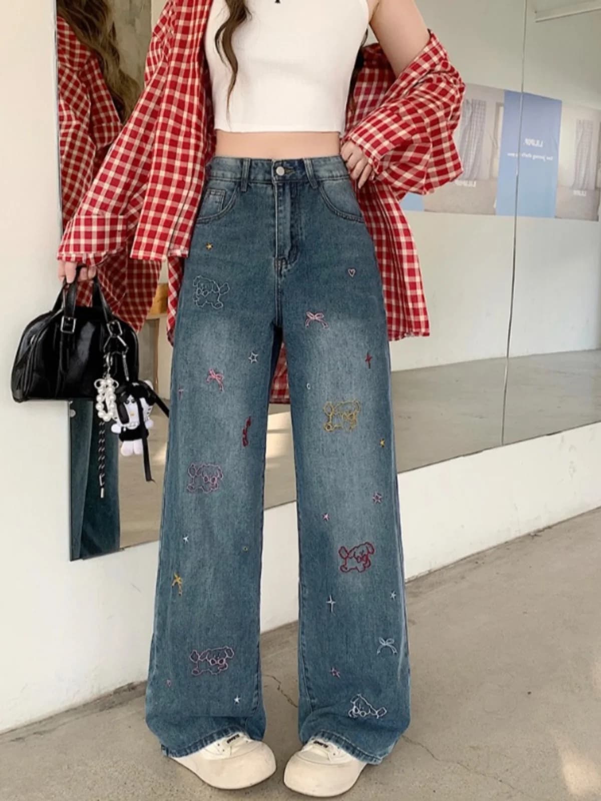 Slimming Embroidered Denim Jeans Women's High Waist Wide Leg Straight Cut Fashionable Streetwear plus Size Autumn New Arrival