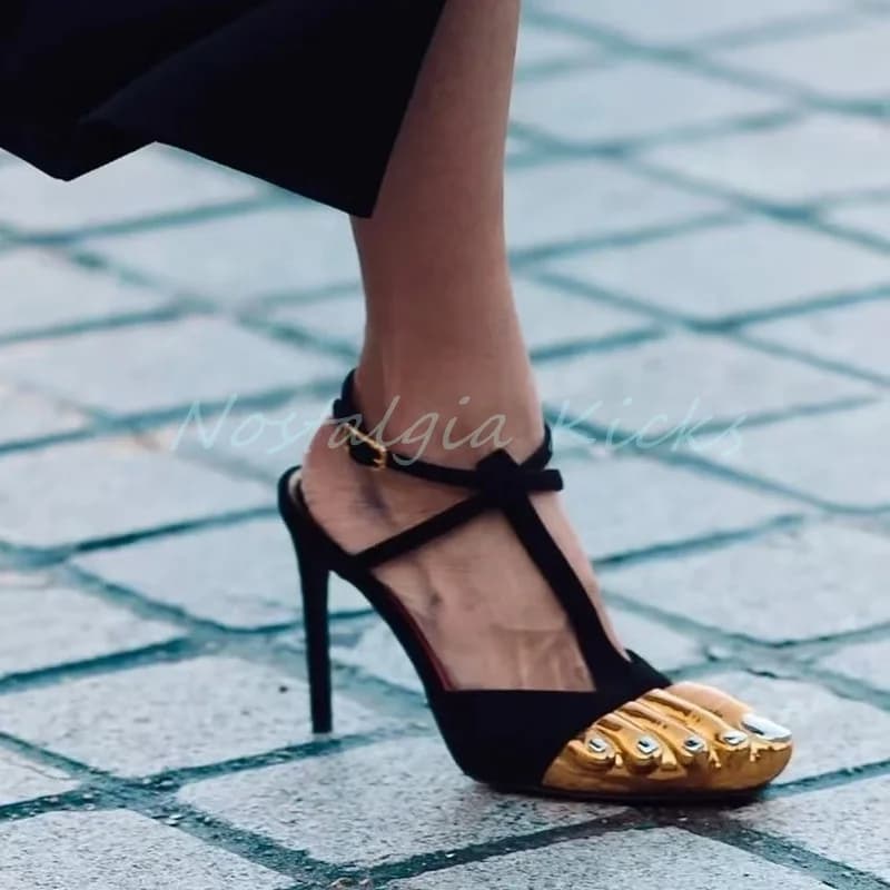 2025 Fashion Gold Décolleté with five fingers high heel Summer Versatile stiletto heel Sandals with buckle Woman Roman dress Shoes comfort