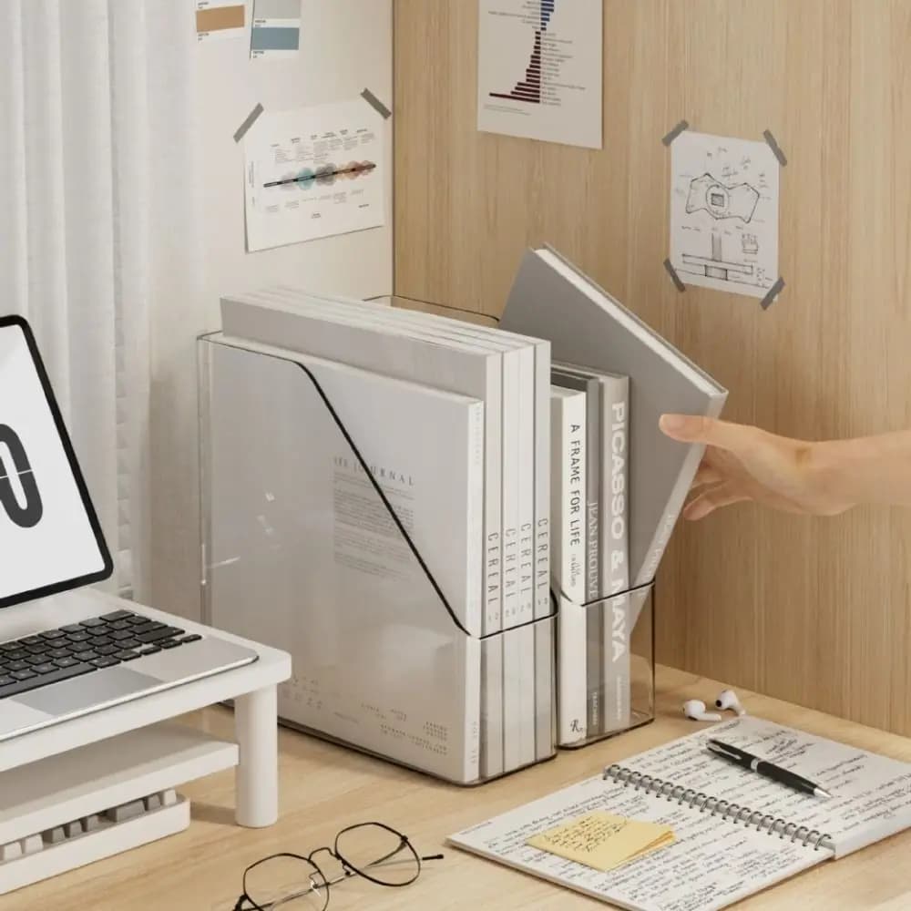 Cartella da scrivania trasparente ad angolo filettata Cartella di file verticale sottile in PET Contenitore portaoggetti Vassoio di carta multifunzionale Organizzatore di riviste