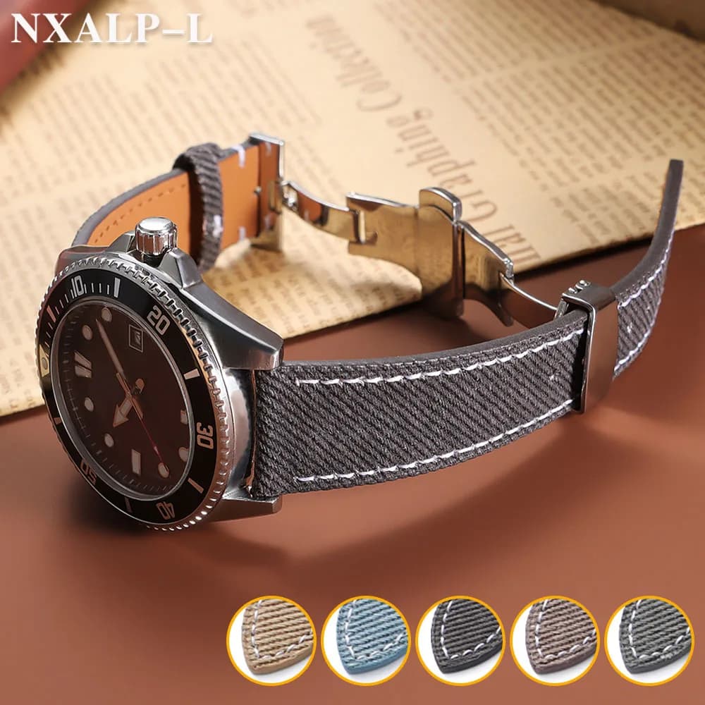 Cinturini per orologi in tela di vela denim Cinturino per orologio in pelle 18mm 20mm 22mm per Seiko per Omega Band Donna Uomo Cintura sportiva Fibbia a farfalla