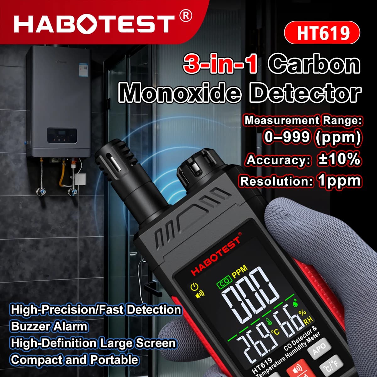 HABOTEST HT619 CO Detector Portable Carbon Monoxide Meter Temp Humidity Monitor High Precision Sensor Audible Visual Alarm