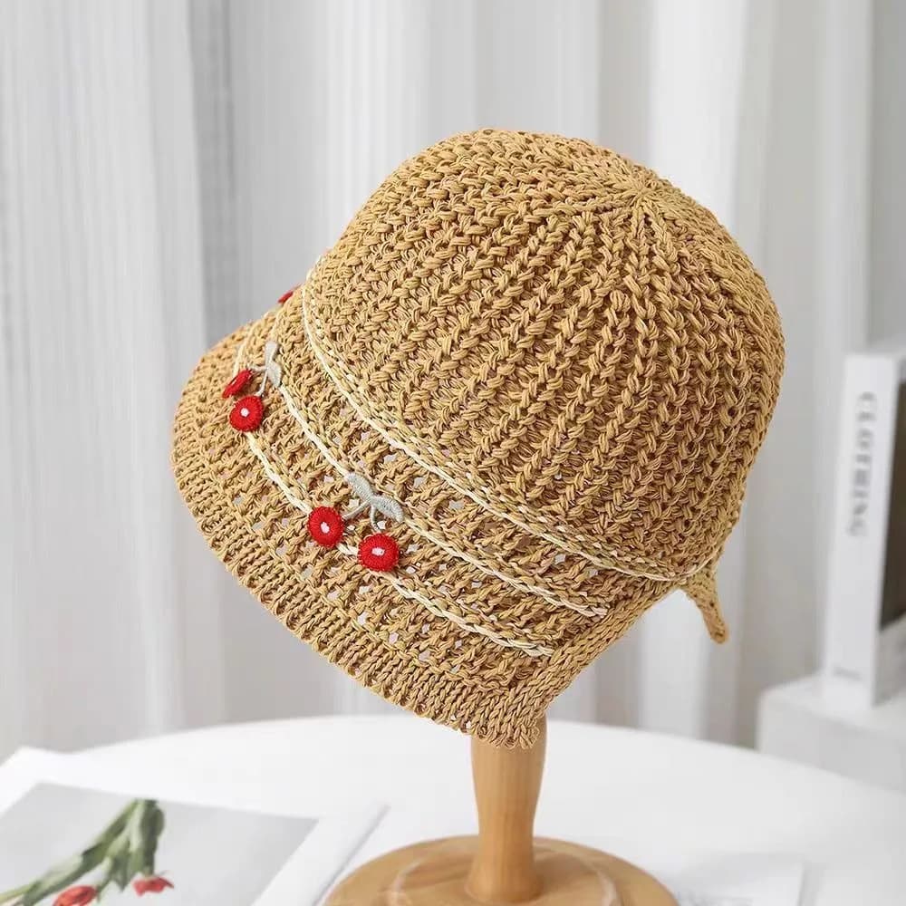 Fashion Cherry Straw Hat Sun Protection Wide Brim Woven Hat Elegant Foldable Sunscreen Hat Seaside Beach