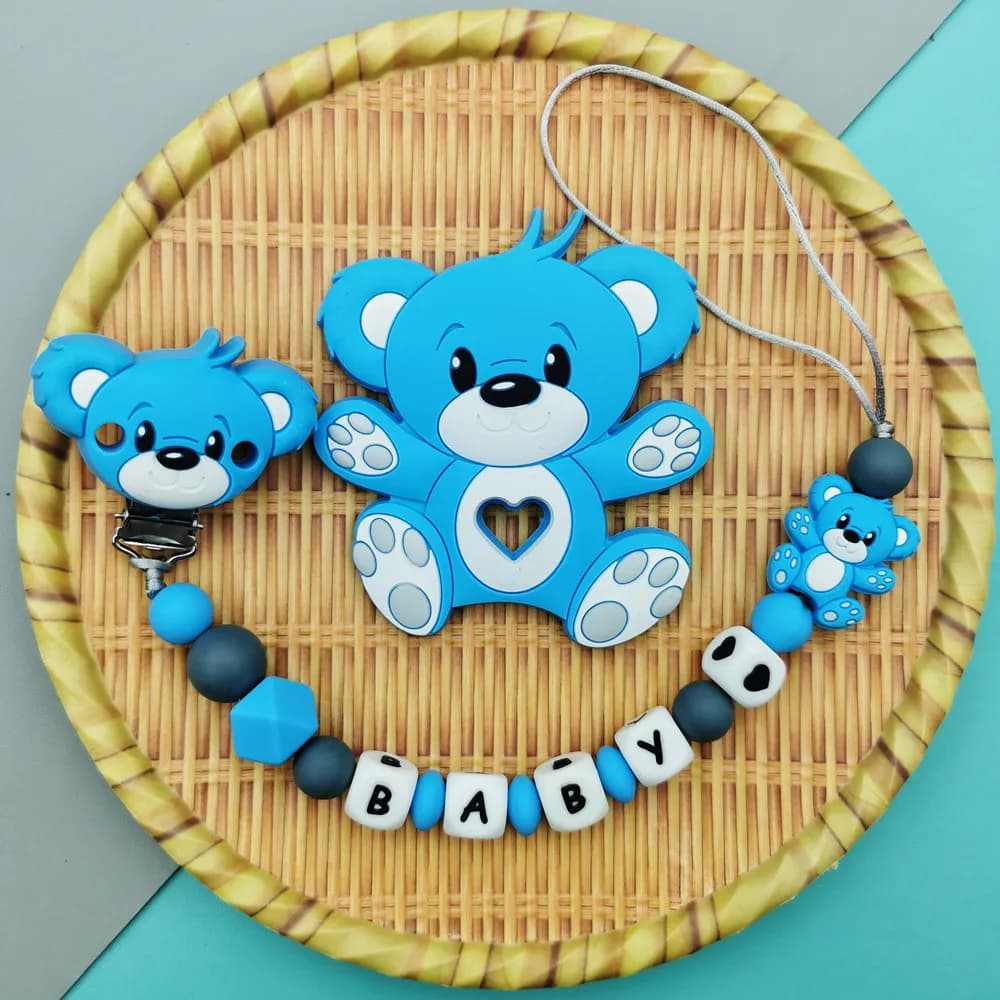 Personalizzato inglese russo lettera in silicone nome orso perline in silicone ciondolo ciuccio clip catene massaggiagengive bambino orso kawaii regali