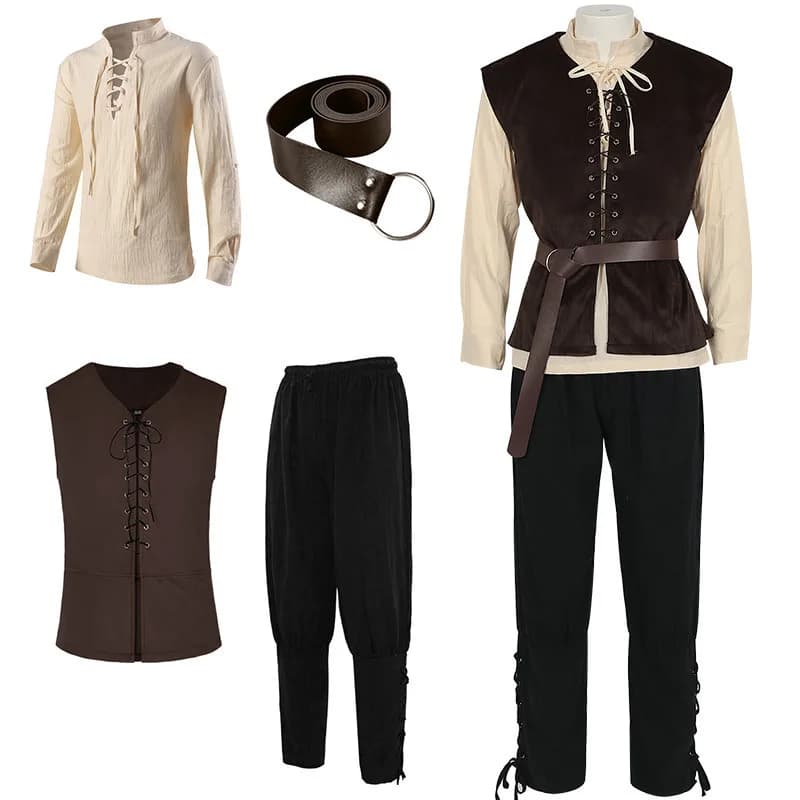 4 piece men's Renaissance Halloween costume set, medieval vest, shirt, trousers with ankle band, Viking belt, arm case