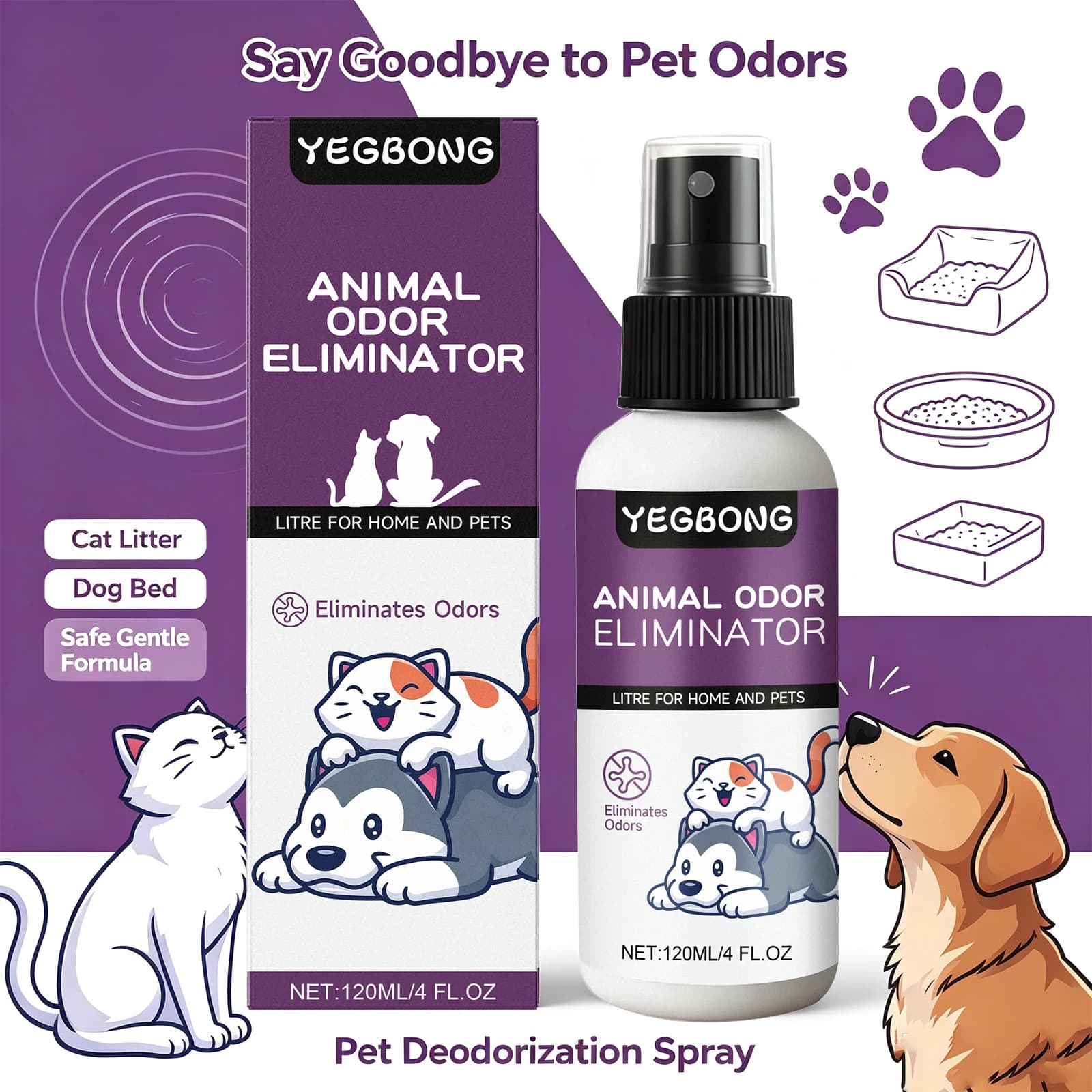 Pet Odor Eliminator Spray Pet Smell Remover for Dogs & Cats Deodorant Spray for Litter Box Kennel Carpet Home Pet Freshener