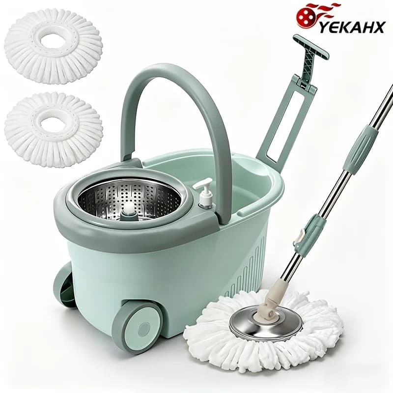 Set Mop e Secchio Rotante a Doppia Azione per Uso Domestico, Mop Rotante, Mop per Lavaggio Senza Mani, Doppio Uso per Asciutto e Bagnato, Rimozione Polvere