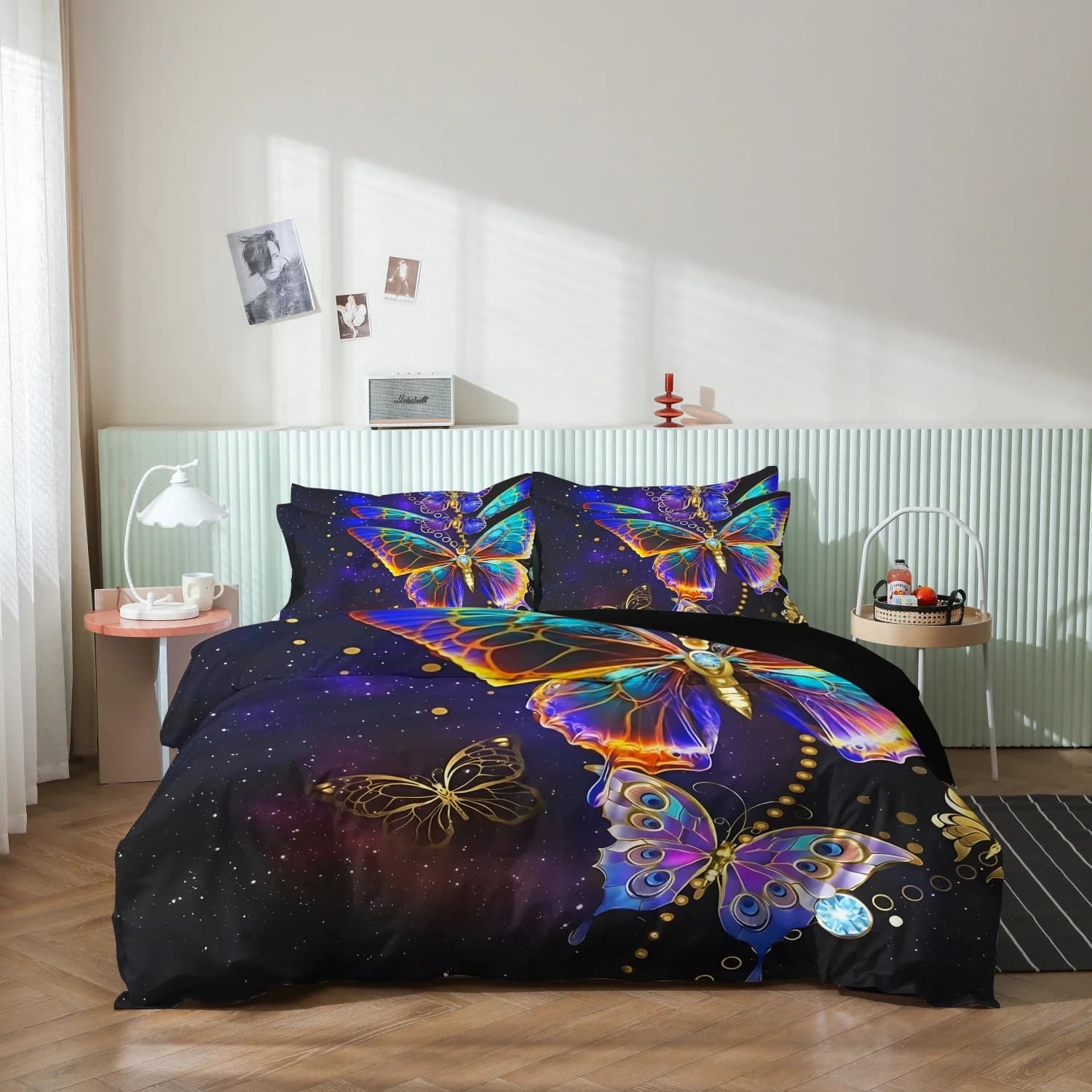 Fantasy Cosmic Starry Butterfly Duvet Cover Set, 3Pcs Black Galaxy Rainbow Golden Butterfly Pattern Bedding