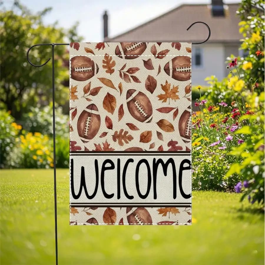 Bandiera da Giardino 2D Piatta 12x18 pollici, Bifacciale, a Tema Calcio, con Foglie in Finto Lino, per Esterni, Cortile, Portico, Casa di Campagna, Decorazione Domestica, Senza Asta