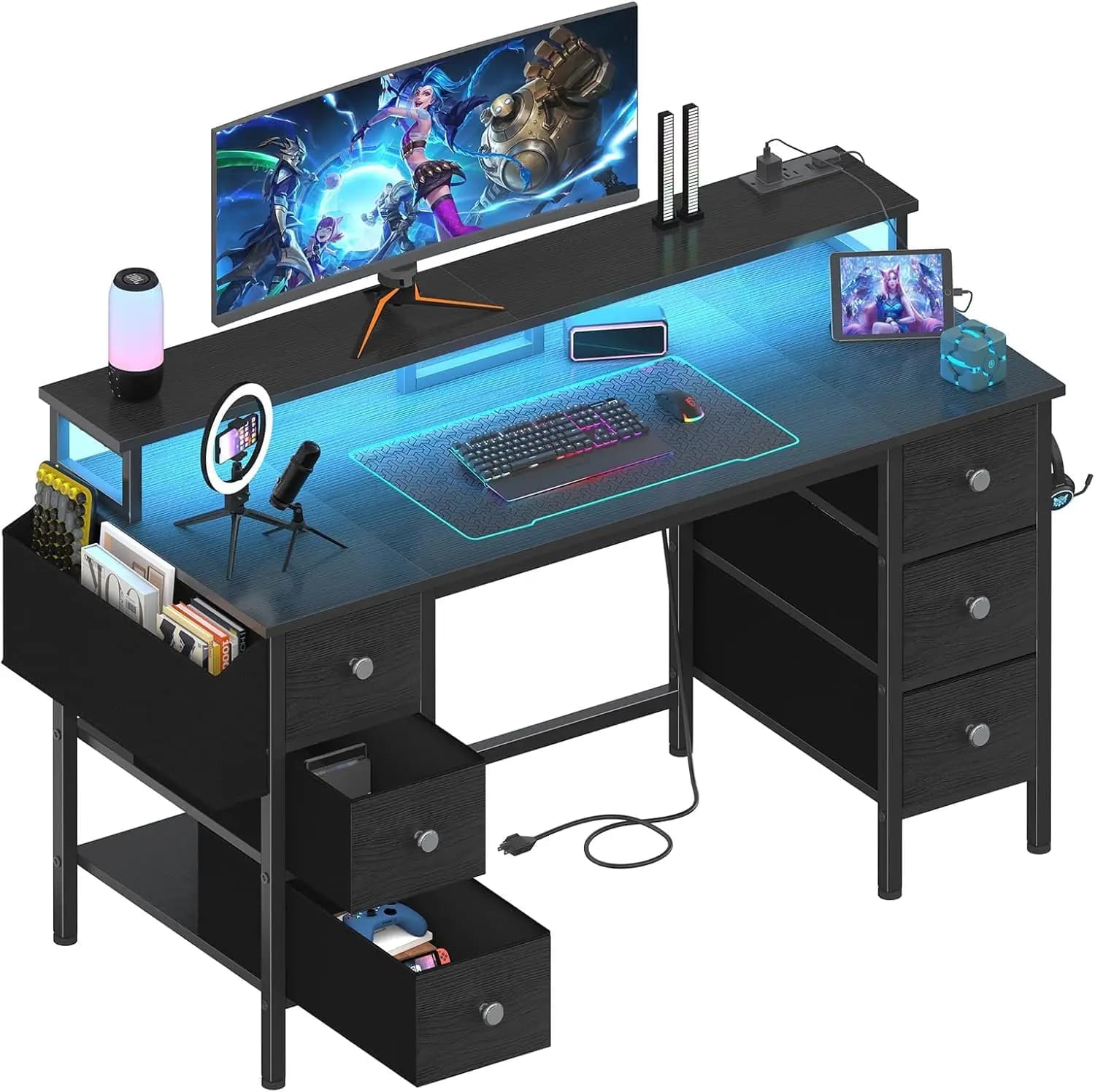 Scrivania da Gaming da 47 Pollici con Luci LED, Prese di Corrente, Cassetti in Tessuto e Ripiani Portaoggetti, Scrivania per Ufficio Domestico con Supporto per Monitor, Nera