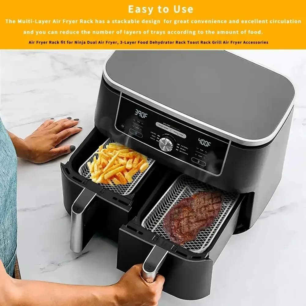 2-Pack Stainless Steel Air Fryer Racks | Double Layer Stackable Dehydrator & Filter Stand for Crispy, Healthy Cooking