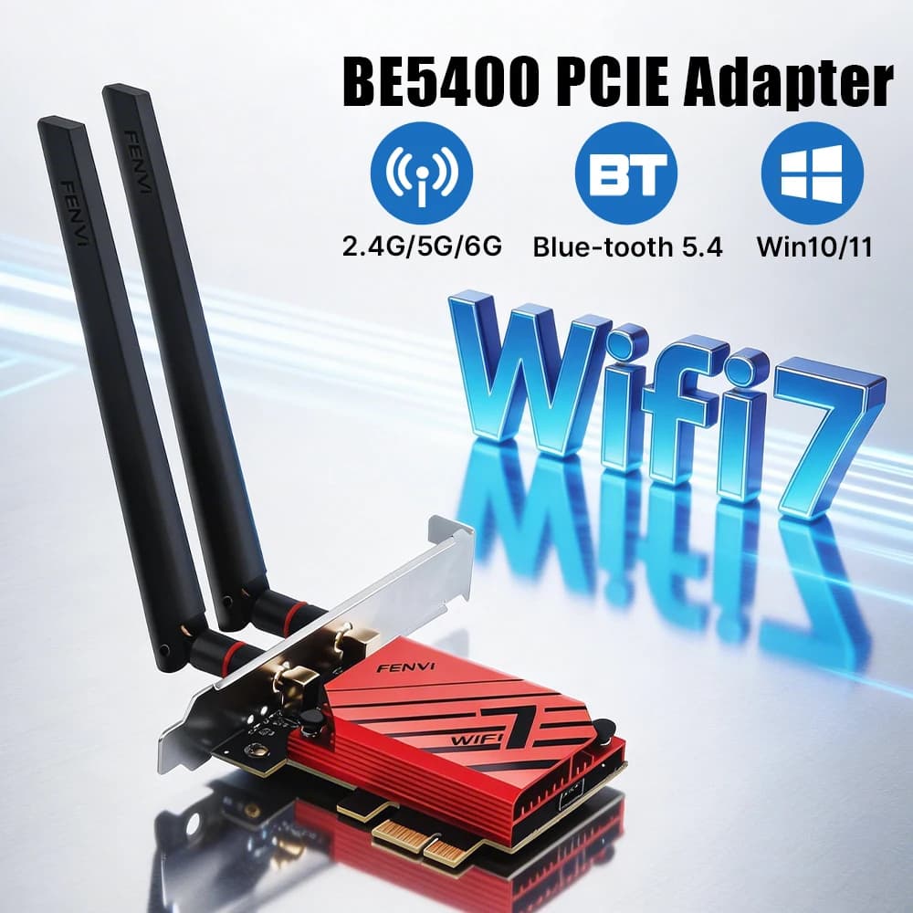 Adattatore Wireless PCIe 5400M WIFI 7 MT7925 Tri-Band 2.4G 5G 6GHz BT5.4 con Antenna ad Anello Rosso, Scheda WiFi Aggiornata per PC Windows 10/11