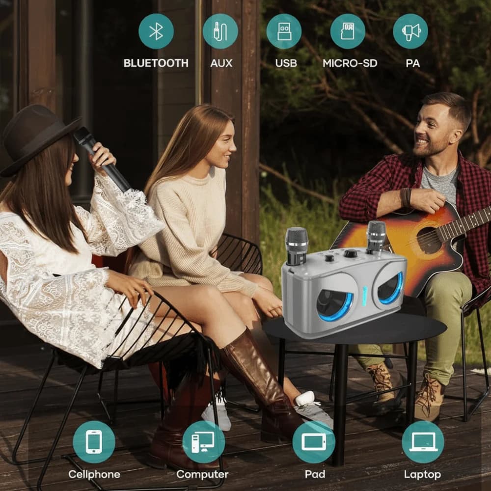 Nuova Macchina per Karaoke Portatile Bluetooth con 2 Microfoni Wireless e Altoparlante Luminoso, Mini Macchina per Karaoke da Campeggio