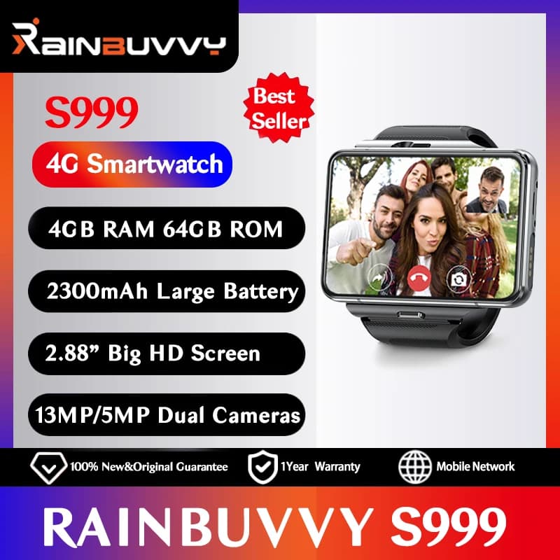 Rainbuvy S999 4G LTE Smartwatch 4GB RAM 64GB ROM 2.88 "grande schermo 5MP/13MP doppia fotocamera Quad Core 2300mAh Android 9.0 orologio da uomo