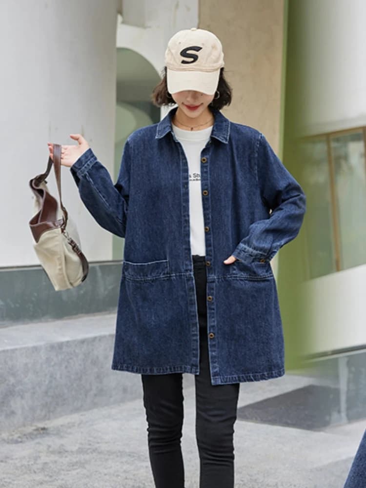Retro Faded Denim Style Jacket Women's Spring Autumn Medium Length Loose Casual Versatile plus Size Denim Coat