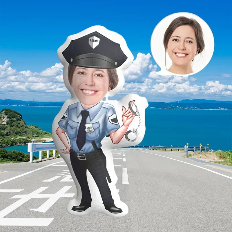 Cuscino in peluche della polizia personalizzato con stampa digitale fronte-retro, design viso e corpo personalizzato, materiale in poliestere