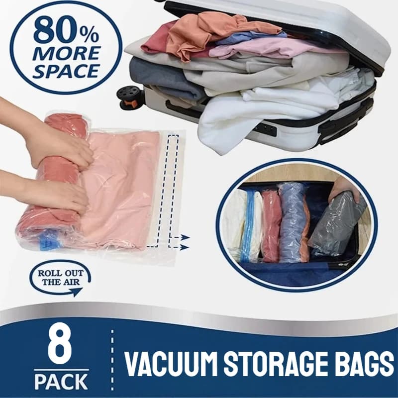 8 Pack Roll Up Compression Bags Reusable Vacuum Storage Bags for Travel Organizer Saving Space in Suitcase No Pump Required