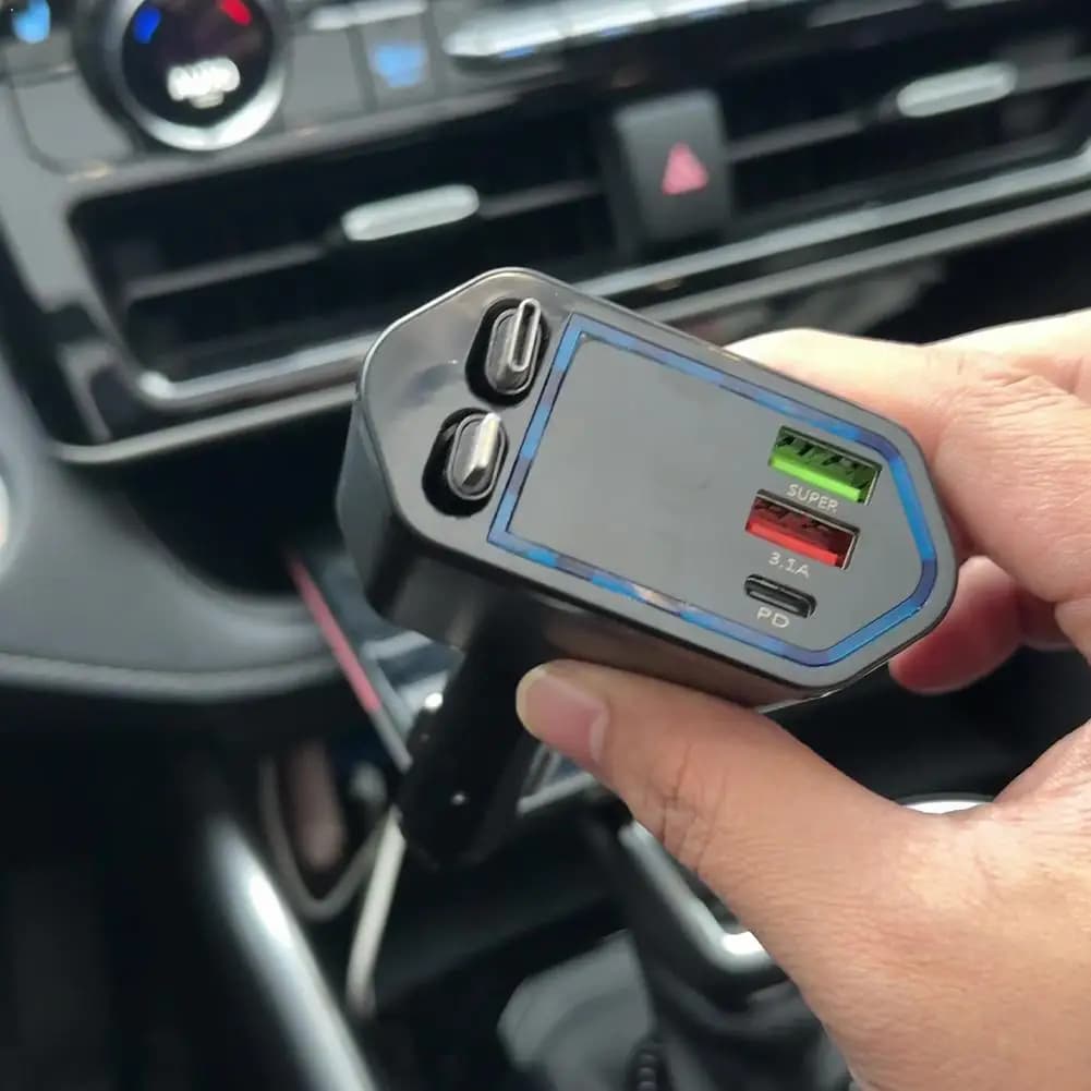 Caricabatteria da auto retrattile, caricabatteria da auto a ricarica rapida 4 in 1 da 120 W, cavo retrattile e adattatore per caricabatteria da auto con 2 porte USB compatibile