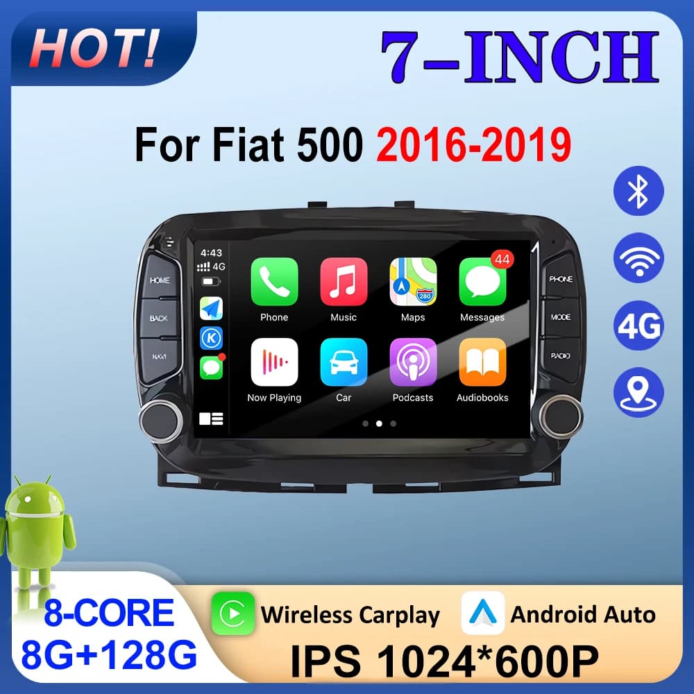 Android Auto For Fiat 500 2016-2019 Car Radio Multimedia Player Wireless Carplay GPS Navigation Bluetooth WIFI DSP Stereo