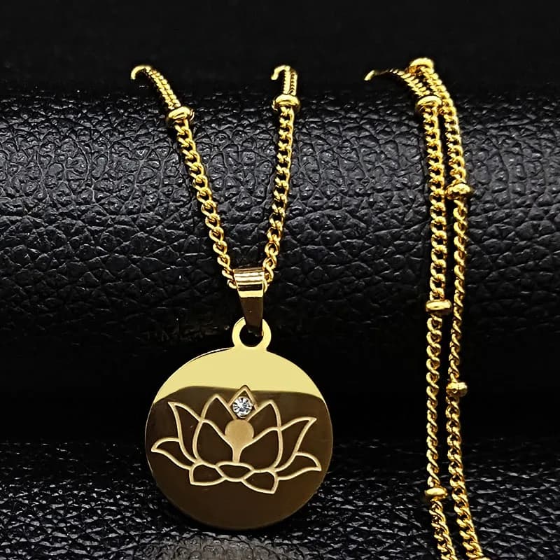 Collana di dichiarazione in acciaio inossidabile di cristallo del fiore di loto per le donne Perline color oro Yoga Gioielli senza collo cadenas mujer N7916S02
