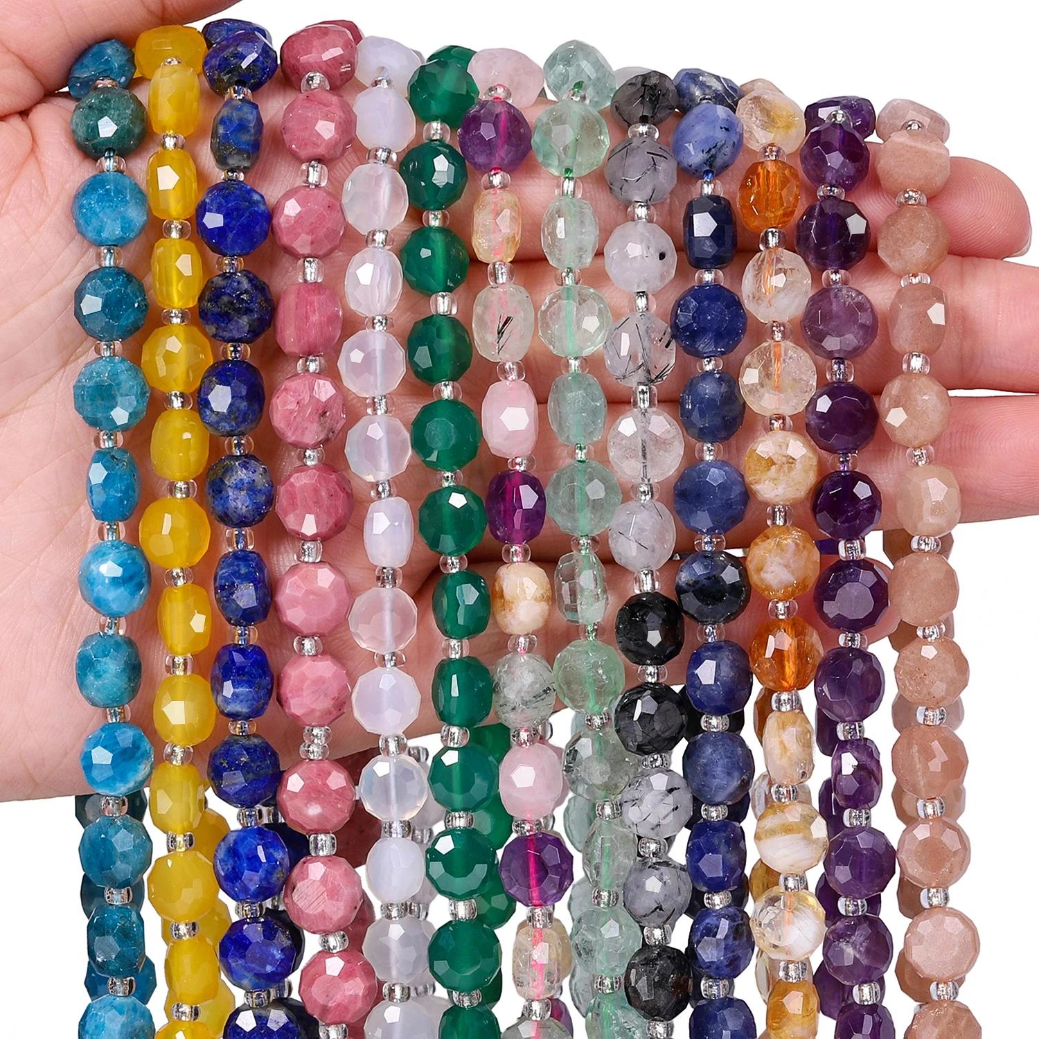 8x5mm Faceted Natural Stone Agate Quartz Beads Flat Round Round Spacers for Jewelry Creation DIY Necklace 7.5 Inch