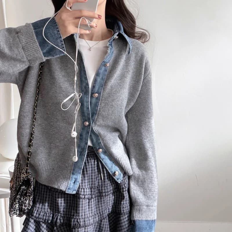 Cardigan da donna in maglia autunno inverno, elegante con patchwork in denim, snellente, di alta gamma, stile casual, aperto sul davanti