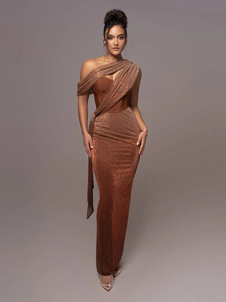 Sexy una spalla drappeggiata Glitter abito lungo donna corsetto marrone scintillante Backless aderente Maxi abiti da sera abiti da festa
