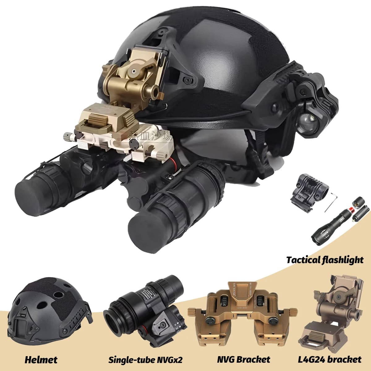 AQzxdc Set di caschi Fast Airsoft con ponte binoculare tattico Supporto per rinoceronte L4G24 Staffa metallica Torcia monoculare per visione notturna