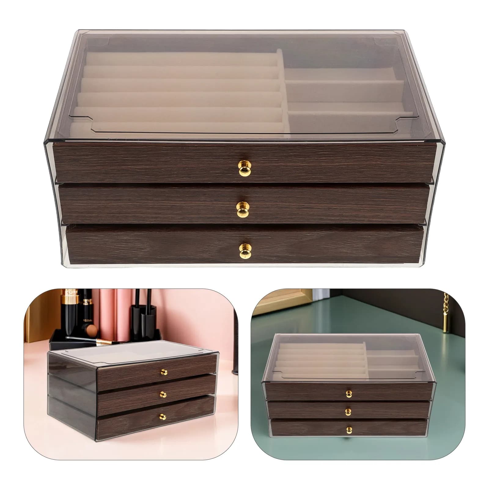 Portagioie retrò a 3 strati, organizer vintage in legno massello di noce, contenitore da 9,24x5,31x4,13 pollici per anelli e orecchini