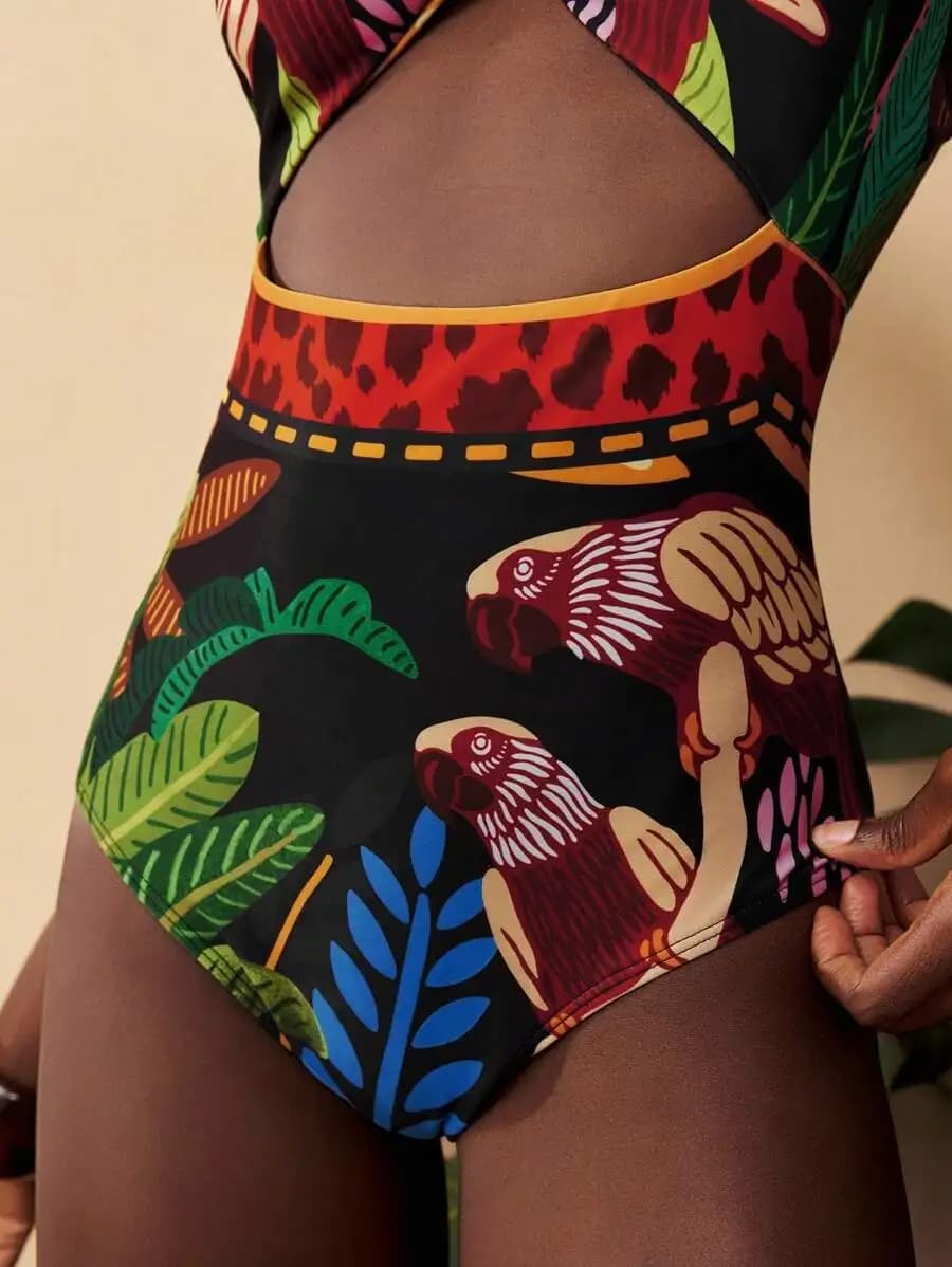 Tropical Print Cut-Out One-Piece Swimsuit With Spaghetti Straps